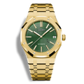 Montre Seiko Mod Royal Oak Or Jaune avec cadran vert, montre automatique au mouvement Seiko NH35, boîtier acier or rose 41mm, bracelet intégré