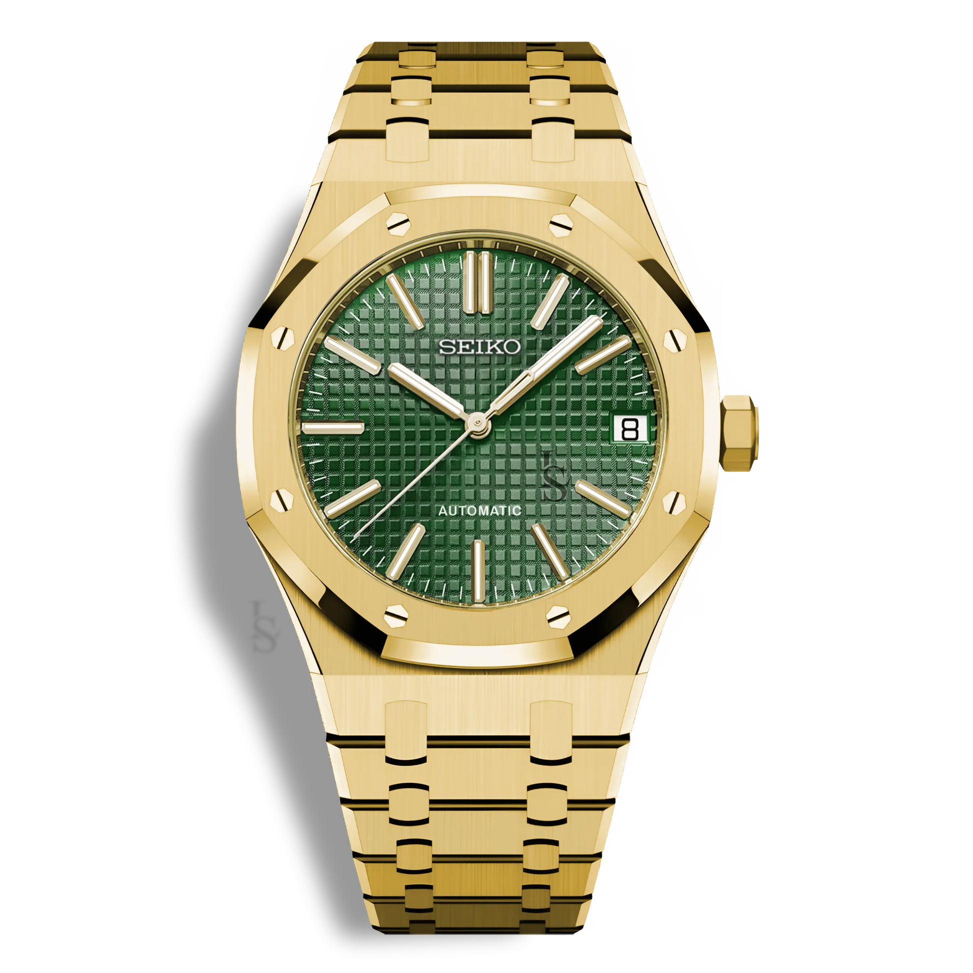 Montre Seiko Mod Royal Oak Or Jaune avec cadran vert, montre automatique au mouvement Seiko NH35, boîtier acier or rose 41mm, bracelet intégré