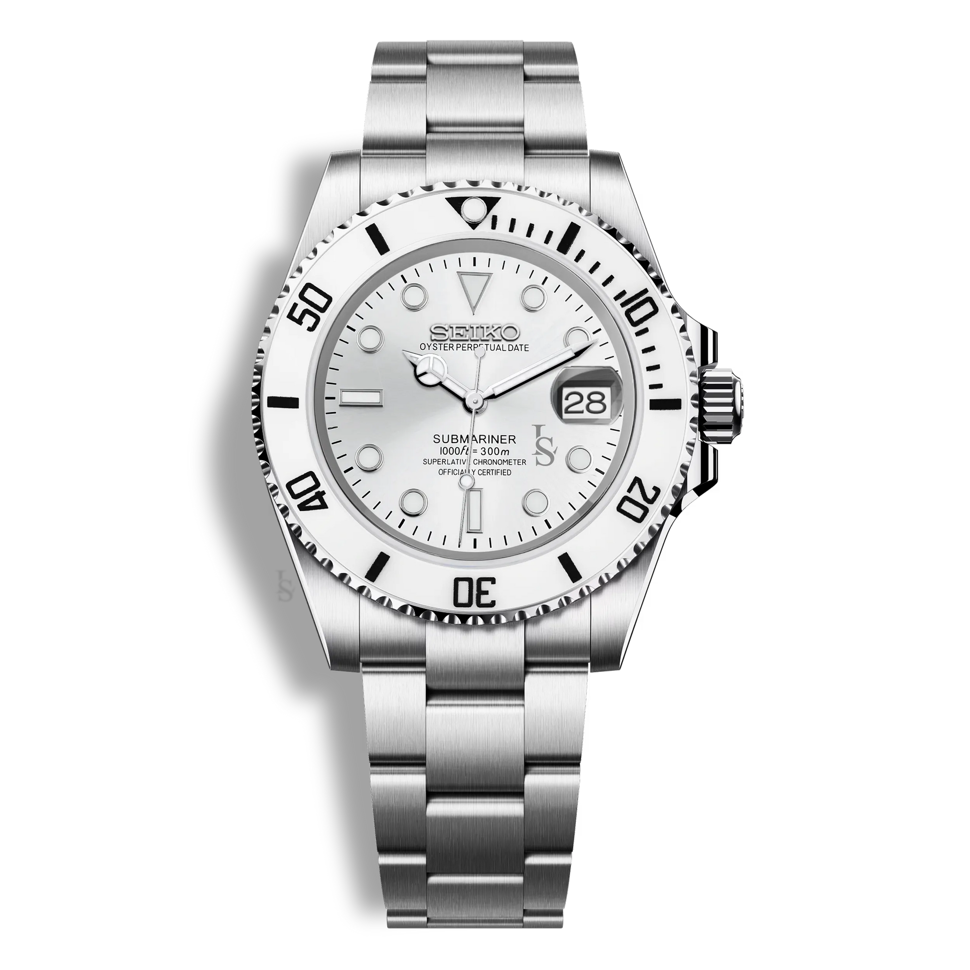 Montre Seiko Mod Submariner blanche avec verre saphir, fond de boîtier transparent et boîtier en acier inoxydable 316L