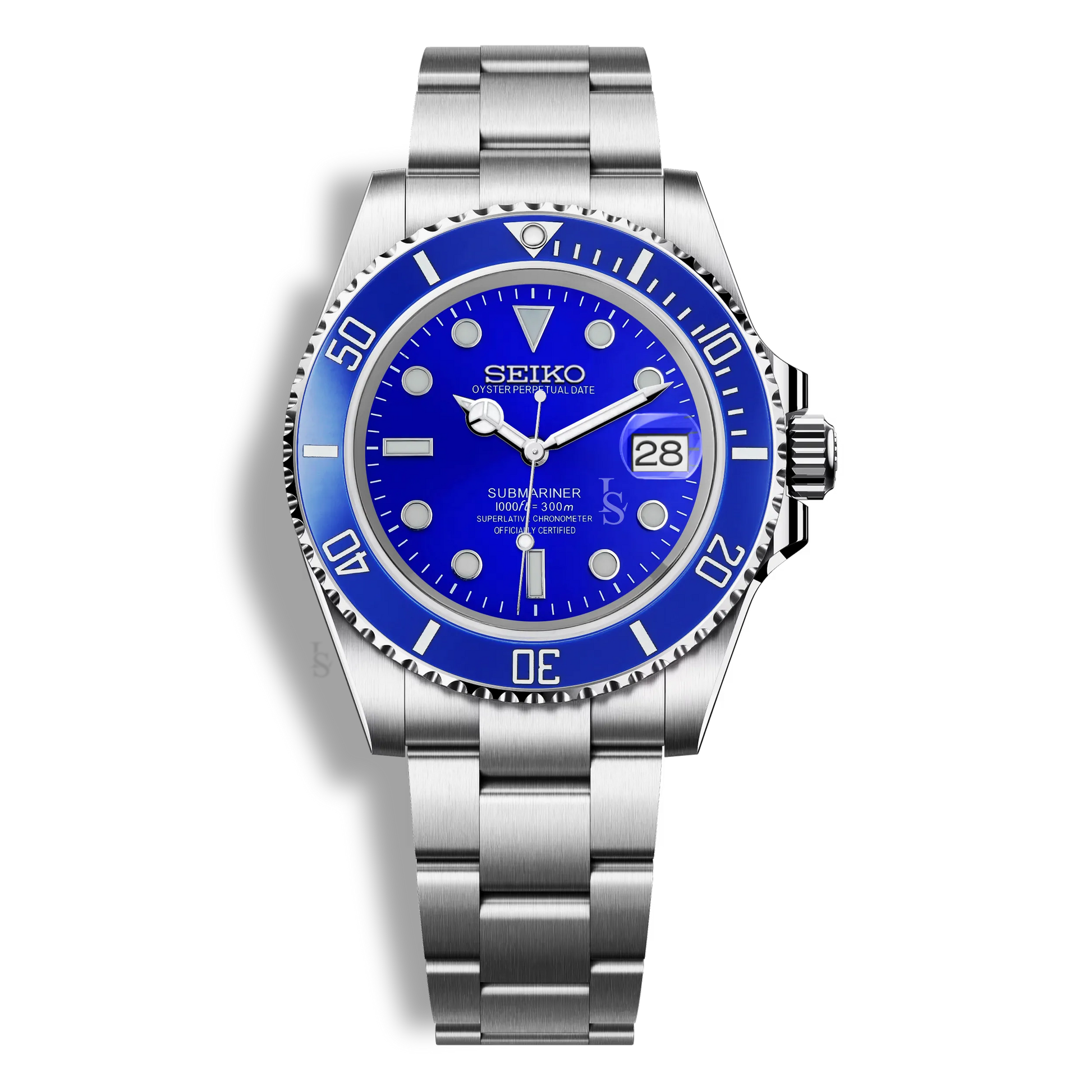 Montre Seiko Mod Submariner bleue équipée d’un verre saphir inrayable, cadran lumineux et fond de boîtier transparent