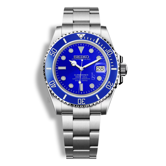 Montre Seiko Mod Submariner bleue équipée d’un verre saphir inrayable, cadran lumineux et fond de boîtier transparent