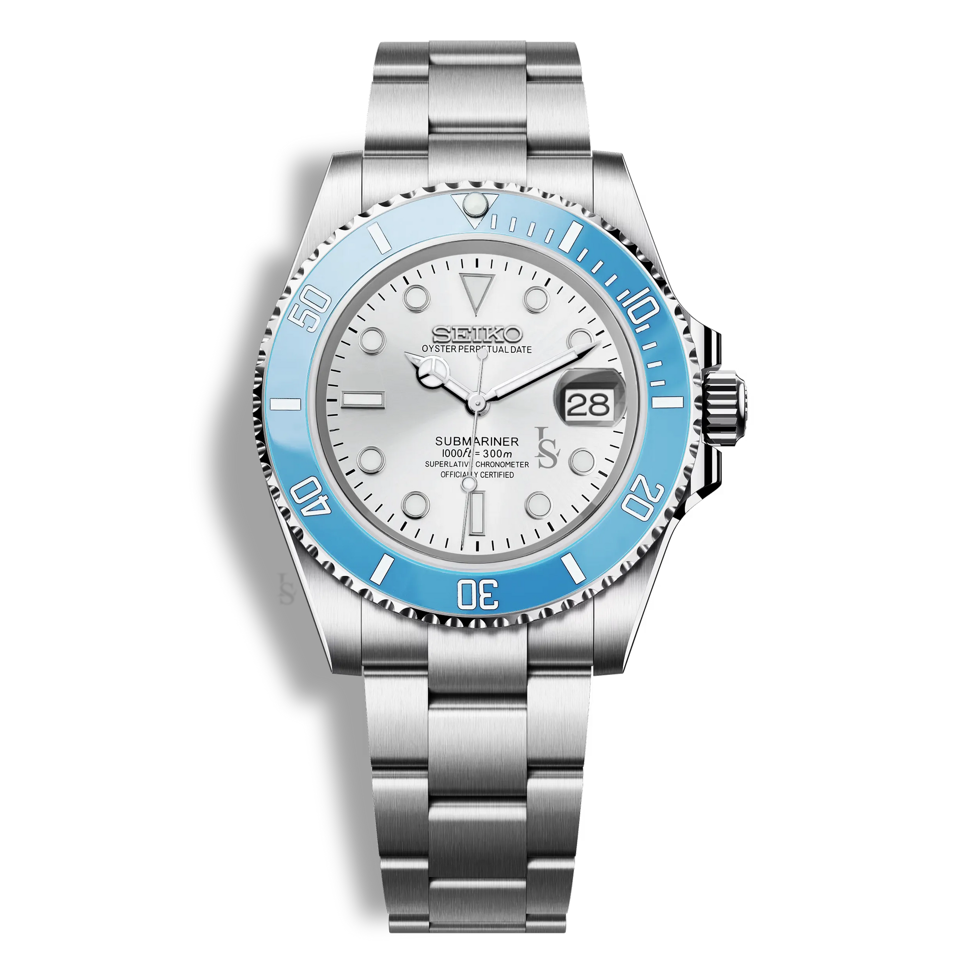 Montre Seiko Mod Submariner lunette bleue clair et cadran blanc, cadran lumineux et mouvement automatique Seiko NH35