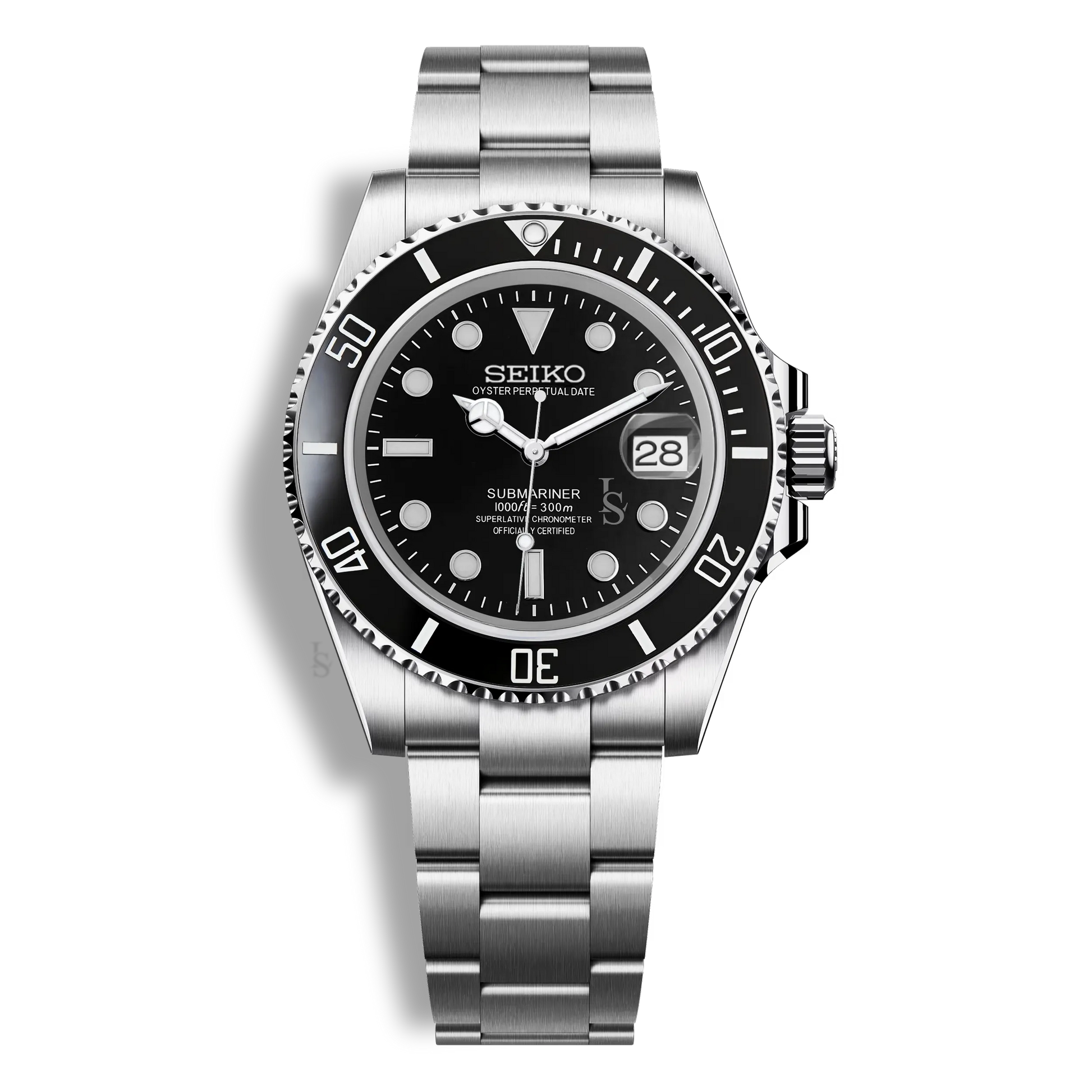 Montre Seiko Mod Submariner noire avec lunette en céramique noire 40mm en acier inoxydable 316L et mouvement automatique Seiko NH35