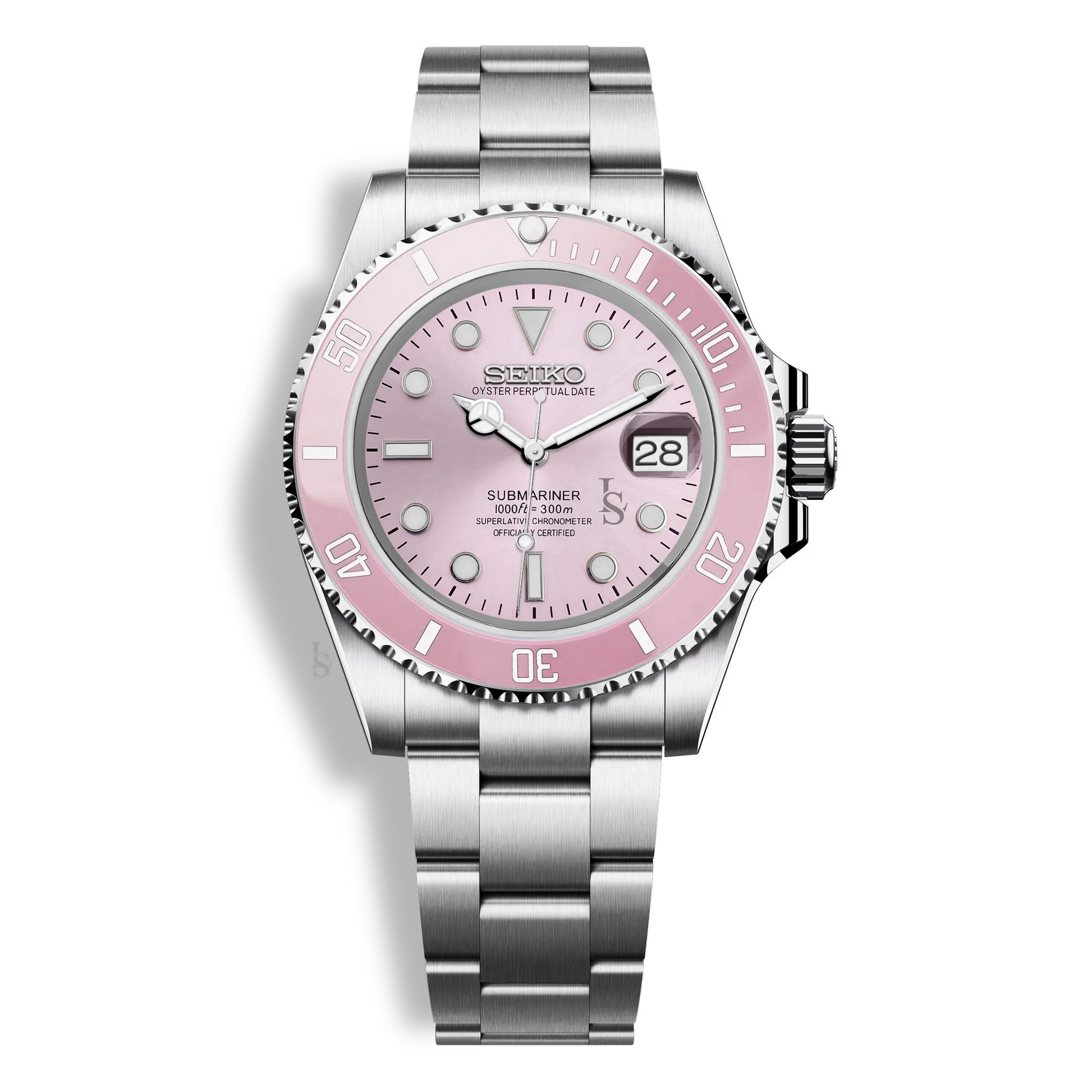 Montre Seiko Mod Submariner rose avec boîtier en acier inoxydable 316L, cadran luminescent, verre saphir et mouvement automatique Seiko NH35