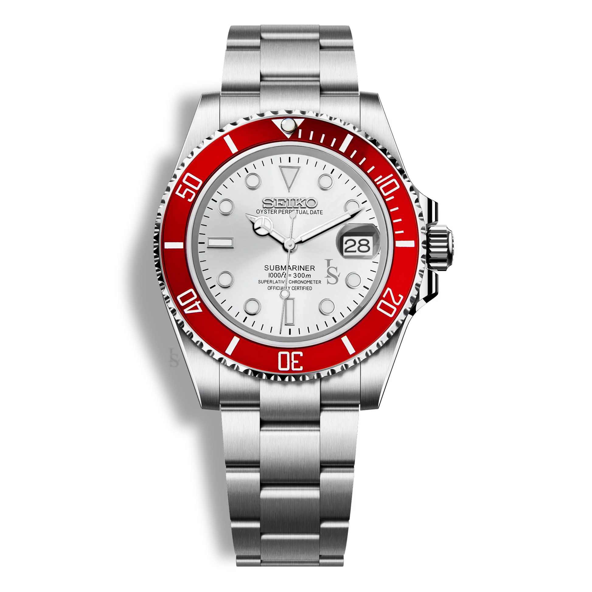 Montre Seiko Mod Submariner lunette rouge avec boîtier en acier inoxydable 316L, verre saphir inrayable et mouvement automatique Seiko NH35