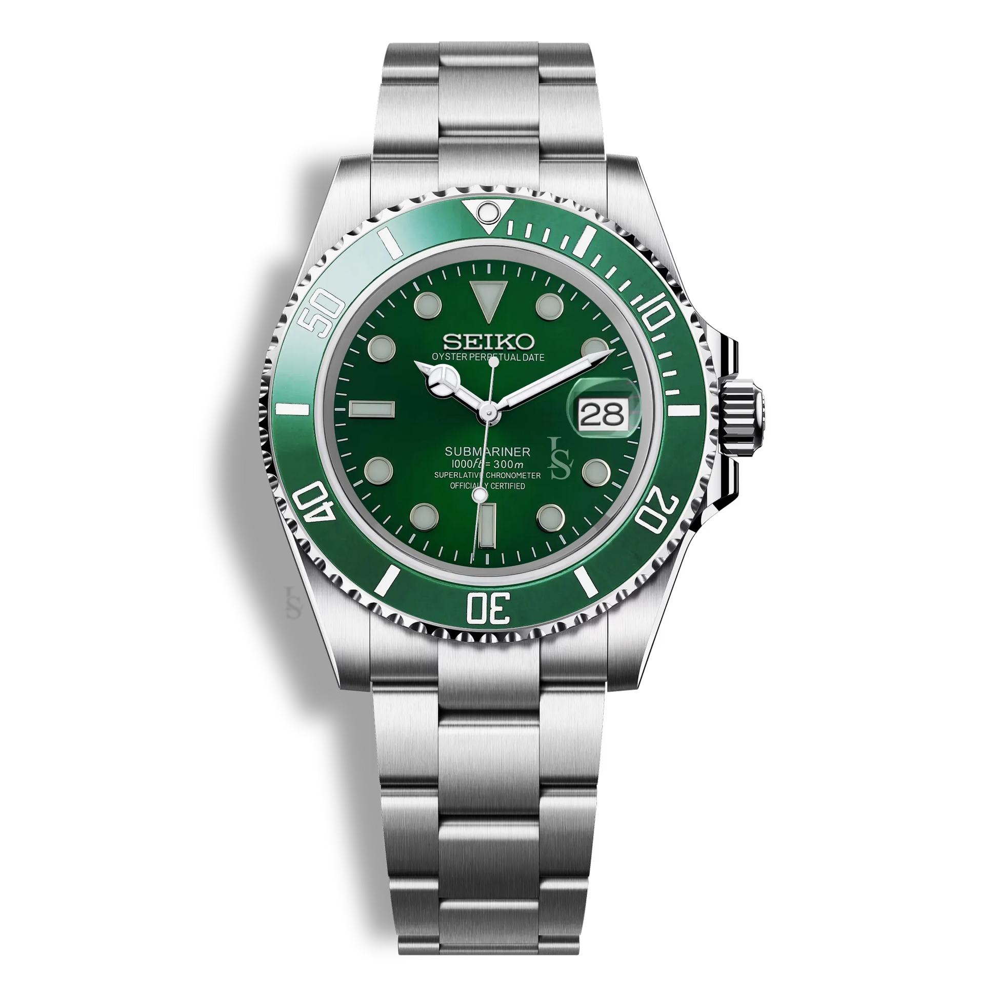 Montre Seiko Mod Submariner verte avec lunette tournante, cadran luminescent et mouvement automatique Seiko NH35