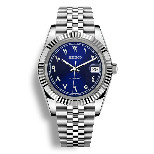 SeikoMod Arabic Dial Bleu Heritage – Montre automatique équipée du mouvement NH35 avec un cadran bleu profond à chiffres arabes et bracelet et boitier datejust en acier robuste
