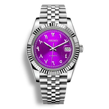 SeikoMod Arabic Dial Magenta Heritage – Montre automatique équipée du mouvement NH35 avec un cadran magenta iconique à chiffres arabes et bracelet et boitier datejust en acier robuste