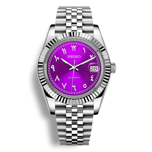 SeikoMod Arabic Dial Magenta Heritage – Montre automatique équipée du mouvement NH35 avec un cadran magenta iconique à chiffres arabes et bracelet et boitier datejust en acier robuste