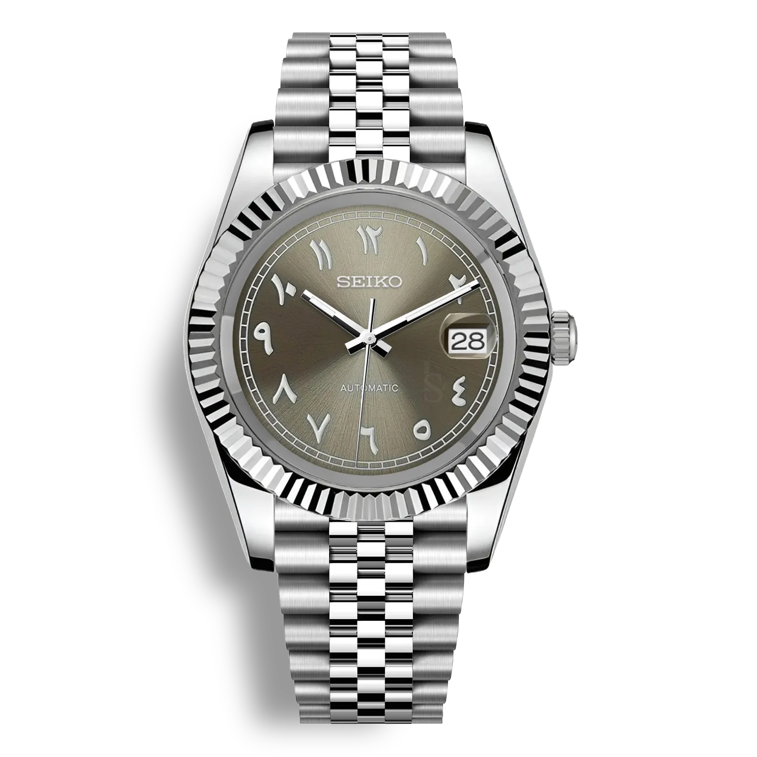SeikoMod Arabic Dial Taupe Heritage – Montre automatique équipée du mouvement NH35 avec un cadran gris taupe à chiffres arabes et bracelet et boitier datejust en acier