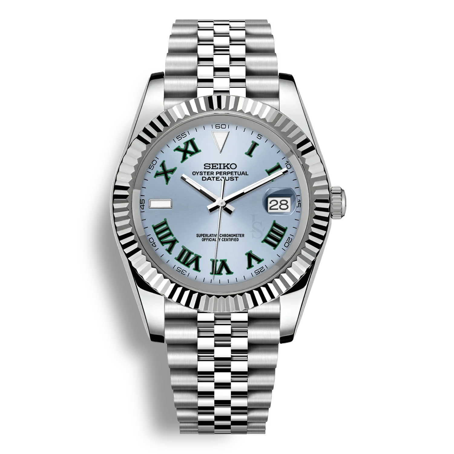Montre Seiko Mod wimbledon cadran bleu clair à chiffres romains wimbledon vert avec affichage de la date et mouvement automatique Seiko NH35 et boitier en acier robuste
