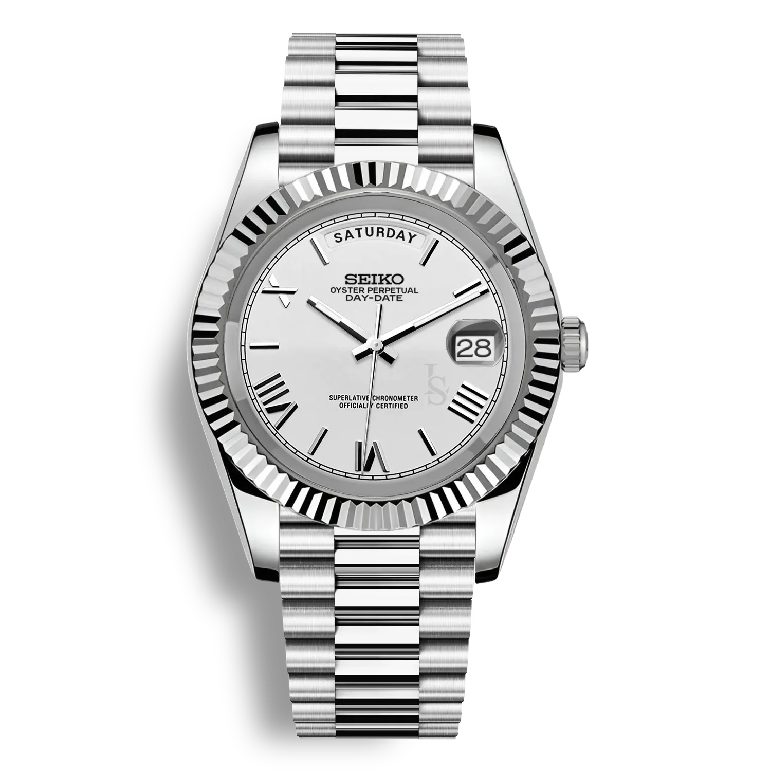 Montre SeikoMod Day Date cadran couleur blanche affichant le nom du jour avec bracelet président en acier et mouvement automatique miyota 8285