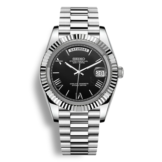 Montre SeikoMod Day Date cadran couleur noir affichant le nom du jour avec bracelet président en acier et mouvement automatique miyota 8285