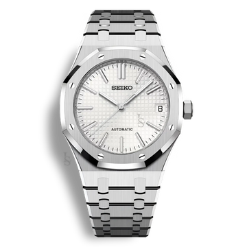 Montre Seiko Mod Royal Oak Noir avec cadran blanc équipée du mouvement automatique Seiko NH35 avec un boîtier et bracelet en acier noir inoxydable