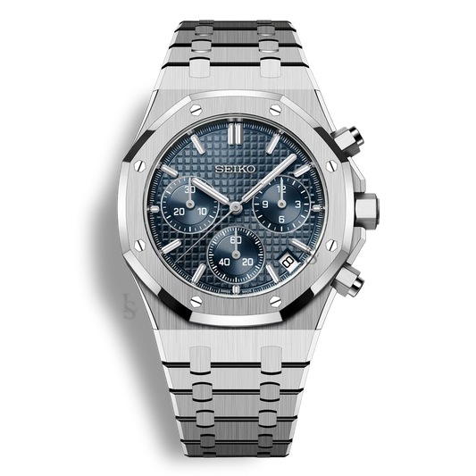 SeikoMod Royal Oak Chronographe cadran bleu tapisserie avec boîtier acier inoxydable 316L et bracelet intégré