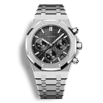 Montre SeikoMod Royal Oak Chronographe noire, cadran tapisserie, mouvement VK63, style sportif et élégant