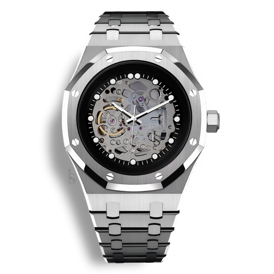 Montre SeikoMod Royal Oak Full Skeleton avec un boitier en acier de 41mm et équipée du mouvement automatique Seiko NH70 et cadran noir minimaliste squelette complet