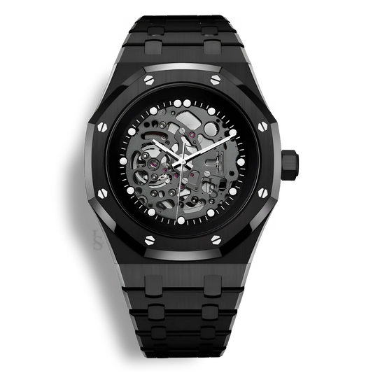 Montre SeikoMod Royal Oak Full Skeleton noir 41mm équipé du mouvement automatique Seiko NH70 et cadran minimaliste squelette complet