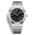 Montre Seiko Mod Royal Oak avec cadran noir équipée du mouvement automatique Seiko NH35 avec un boîtier et bracelet en acier noir inoxydable