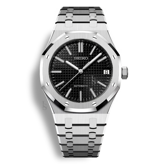 Montre Seiko Mod Royal Oak avec cadran noir équipée du mouvement automatique Seiko NH35 avec un boîtier et bracelet en acier noir inoxydable