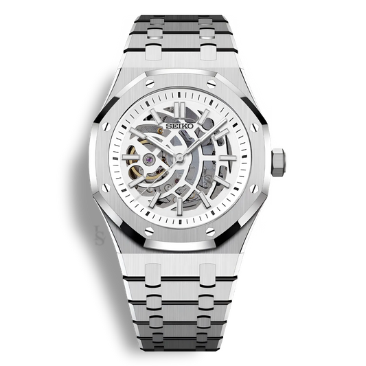 Montre SeikoMod Royal Oak Skeleton cadran squelette blanc et boitier 41mm en acier 316L équipé du mouvement automatique Seiko NH70