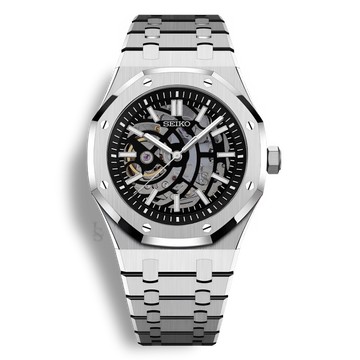 Montre SeikoMod Royal Oak Skeleton cadran squelette noir et boitier 41mm en acier 316L équipé du mouvement automatique Seiko NH70