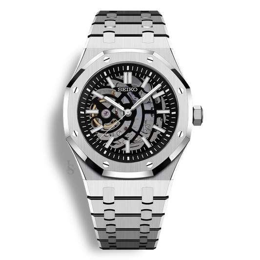 Montre SeikoMod Royal Oak Skeleton cadran squelette noir et boitier 41mm en acier 316L équipé du mouvement automatique Seiko NH70
